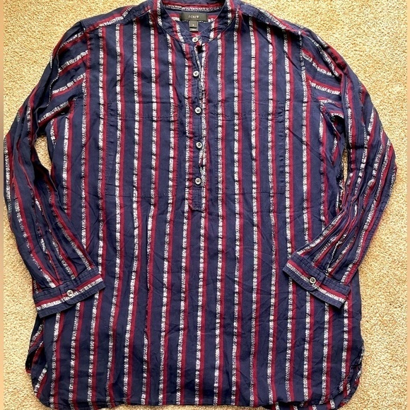 J.Crew Long-Sleeved Striped Half Button Up Blouse With Sparkles Size 0 - Picture 1 of 5